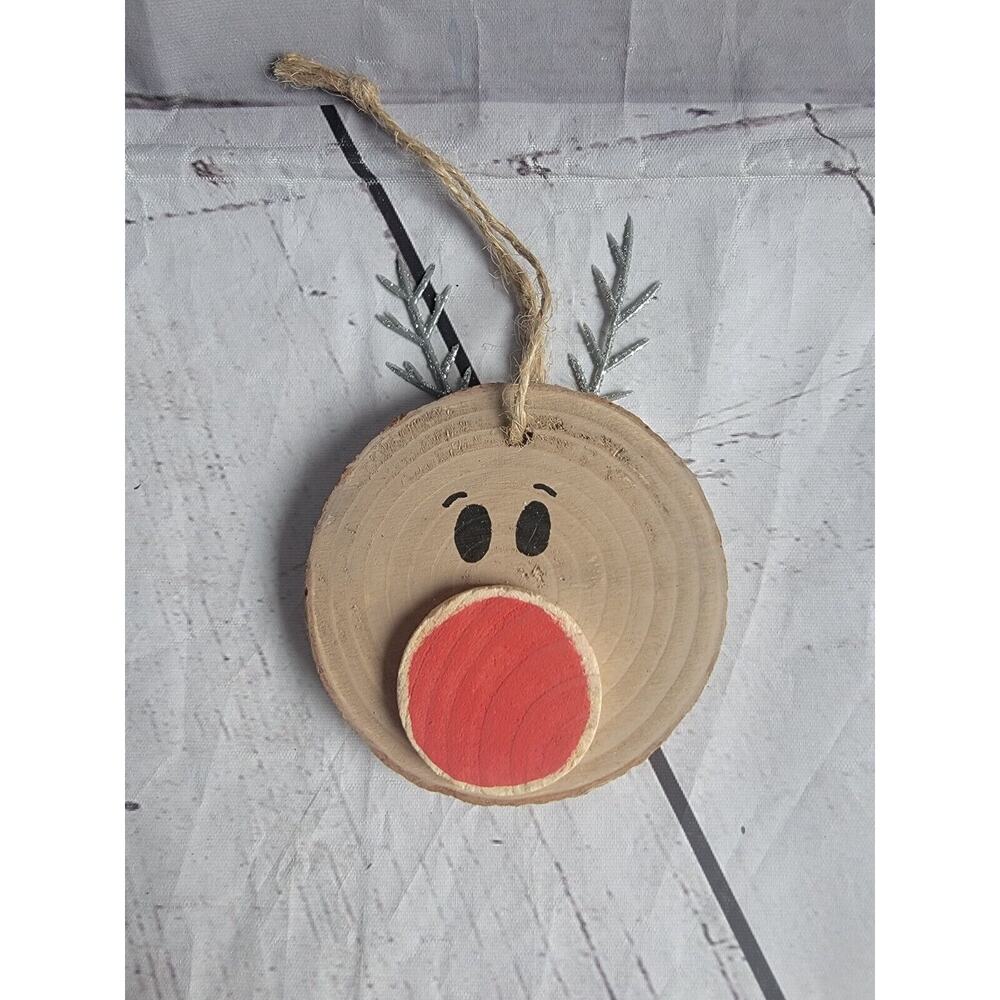 Handmade Painted Wood Slice Rudolph The Red Nose Reindeer Ornament Rustic